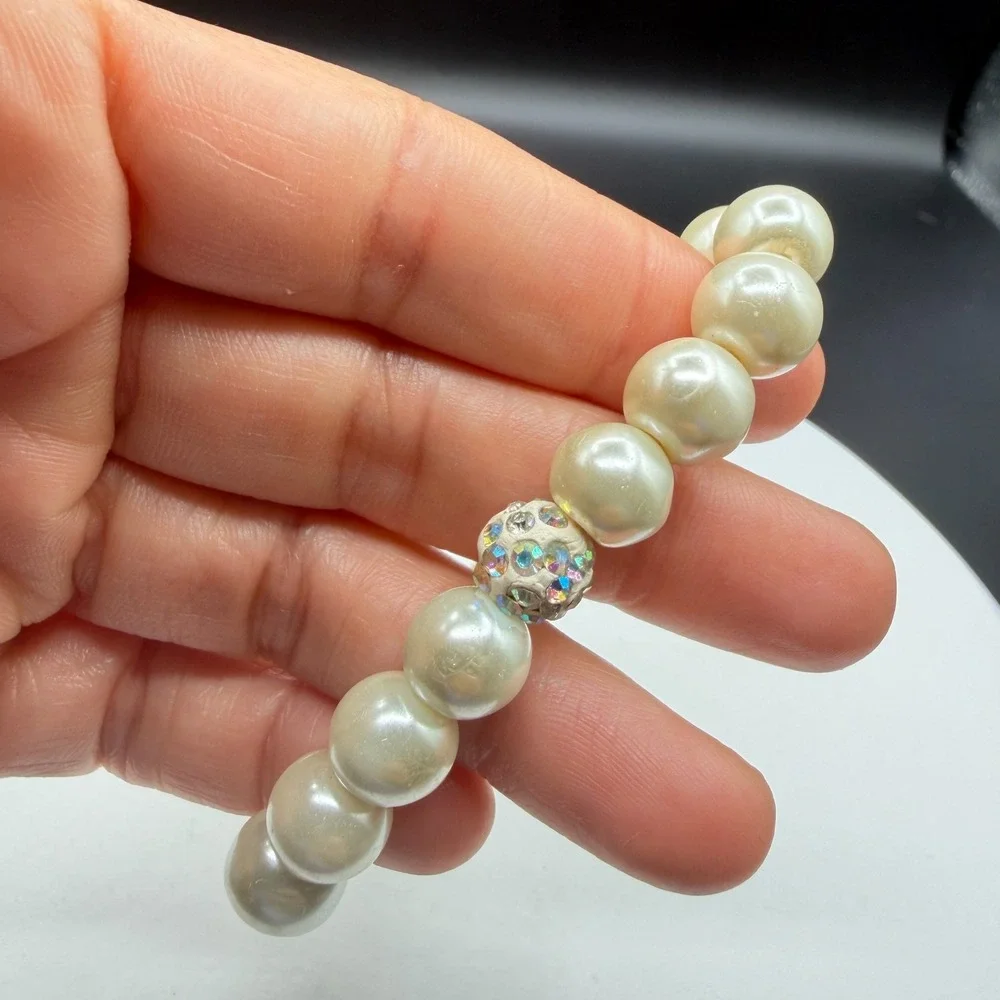 Faux Pearl Stretch Bracelet AB Rhinestone Accent Coquette Bridal Glam Jewelry